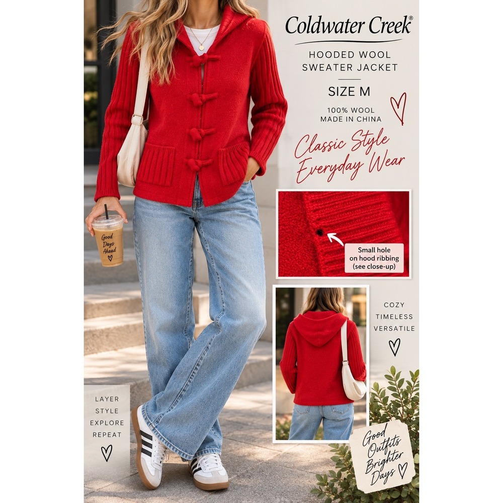 Coldwater Creek Red 100% Wool Hooded Sweater Jacket Toggle Zip Medium